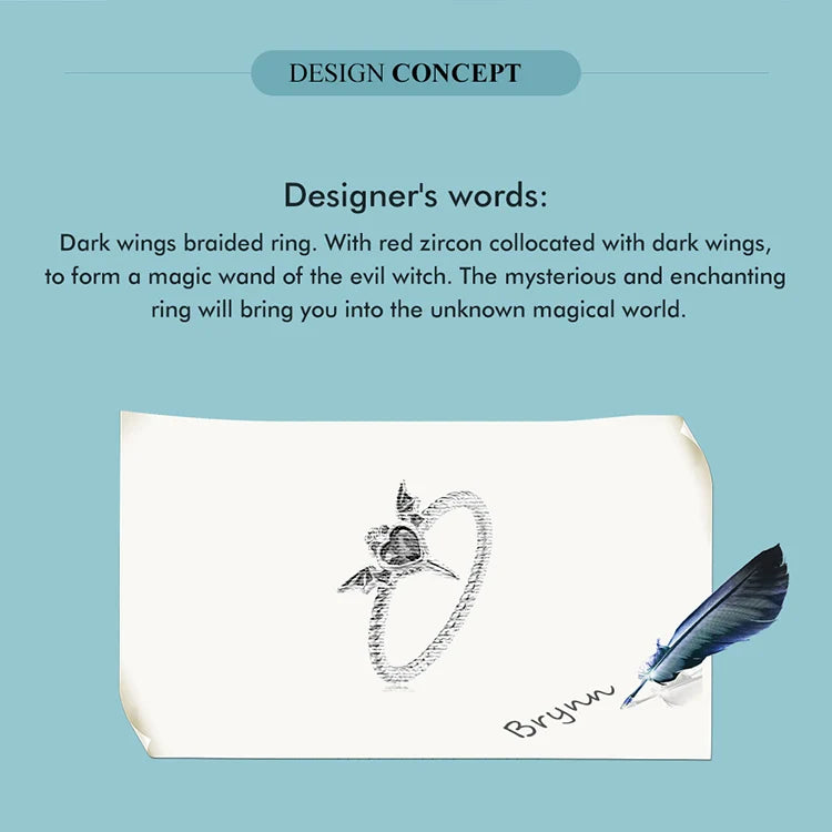 WOSTU Silver Plated Bat Wings Ring - Gothic Black Heart CZ Braided Jewelry Gift