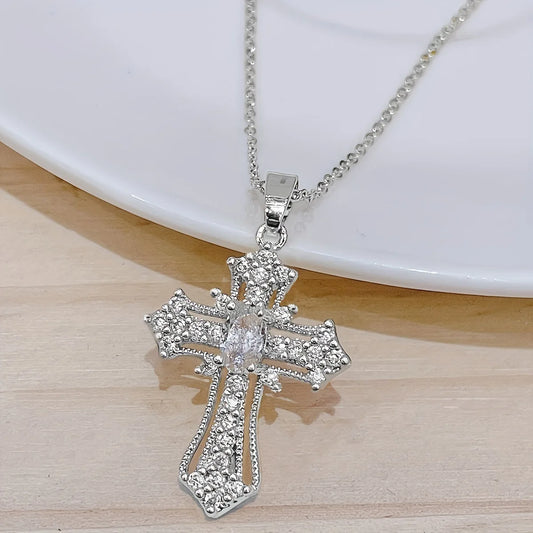 Vintage Cross Necklace - Exquisite Rhinestone Pendant Clavicle Chain