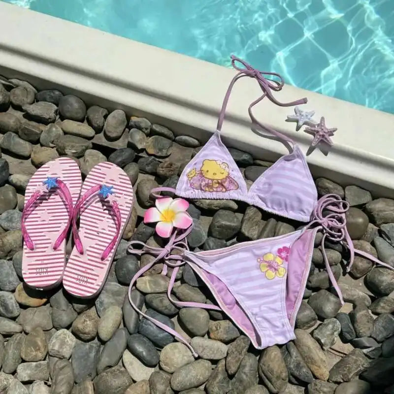 Miniso Hello Kitty Bikini Set Pink Kawaii Lace-Up Halter Striped Y2K Swimsuit