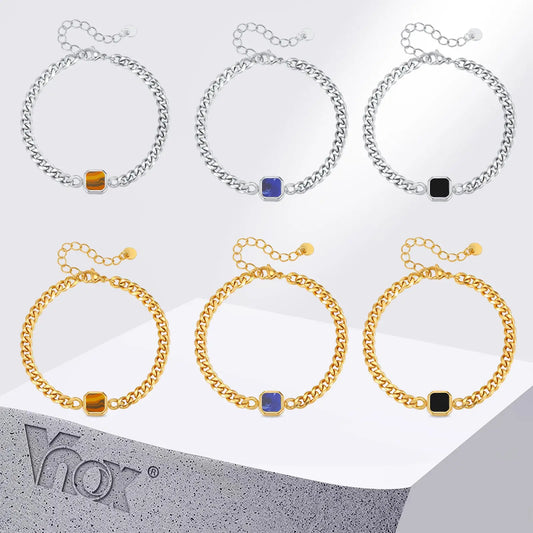 Adjustable Cuban Link Stone Bracelet - Stainless Steel Six-Sided Polished Jewelry Gift