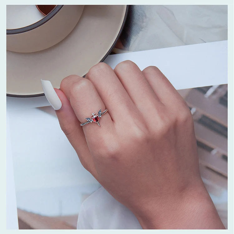 WOSTU Silver Plated Bat Wings Ring - Gothic Black Heart CZ Braided Jewelry Gift