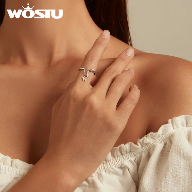Silver Plated Butterfly Link Ring - Delicate Zircon Adjustable Jewelry Gift