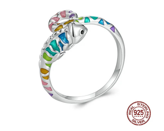 Rainbow Chameleon Open Ring 925 Sterling Silver Multi Color Animal Adjsutable Rings Women Girl Bithday Jewelry Unique Gift