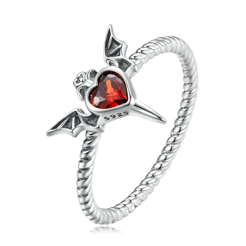 WOSTU Silver Plated Bat Wings Ring - Gothic Black Heart CZ Braided Jewelry Gift