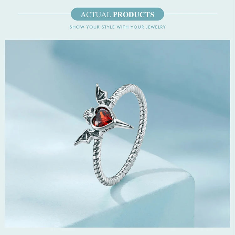 WOSTU Silver Plated Bat Wings Ring - Gothic Black Heart CZ Braided Jewelry Gift