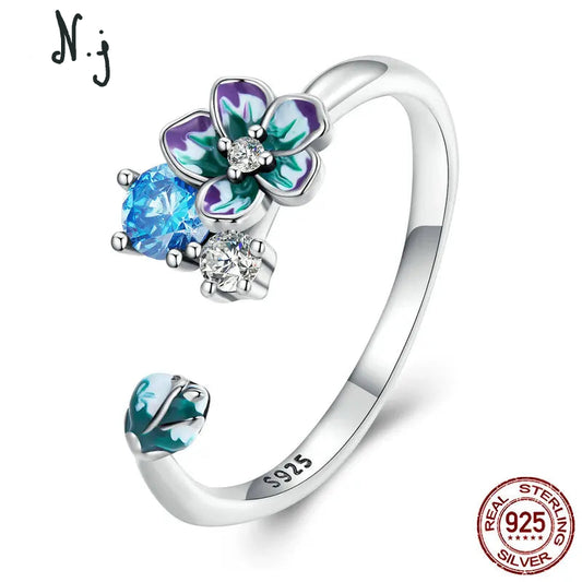 Rainbow Enamel Flower Ring 925 Sterling Silver - Adjustable Statement Ring