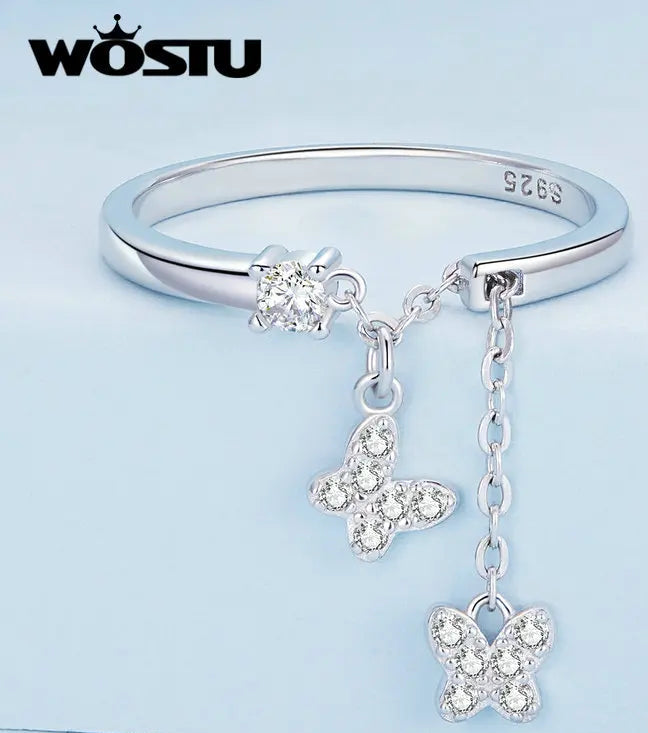 Silver Plated Butterfly Link Ring - Delicate Zircon Adjustable Jewelry Gift