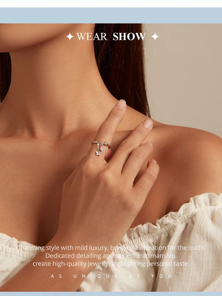 Silver Plated Butterfly Link Ring - Delicate Zircon Adjustable Jewelry Gift