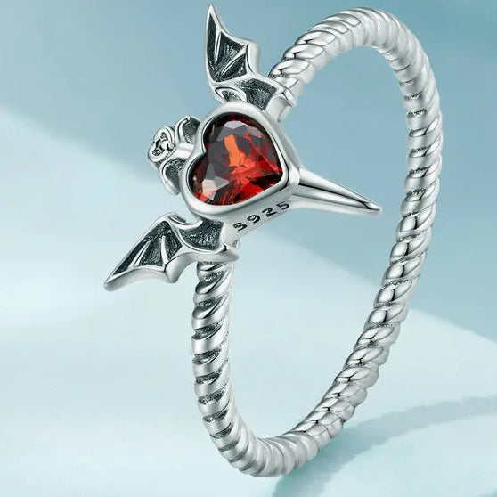 WOSTU Silver Plated Bat Wings Ring - Gothic Black Heart CZ Braided Jewelry Gift