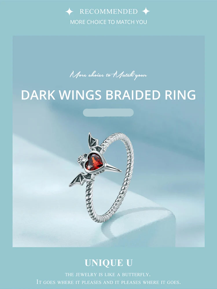 WOSTU Silver Plated Bat Wings Ring - Gothic Black Heart CZ Braided Jewelry Gift