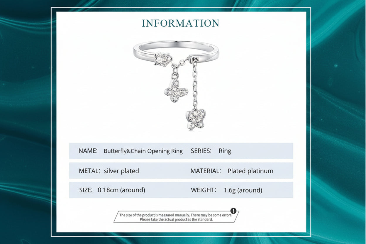 Silver Plated Butterfly Link Ring - Delicate Zircon Adjustable Jewelry Gift