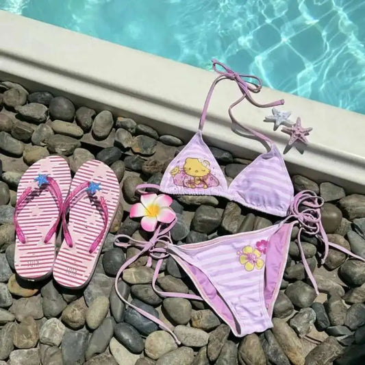 Miniso Hello Kitty Bikini Set Pink Kawaii Lace-Up Halter Striped Y2K Swimsuit