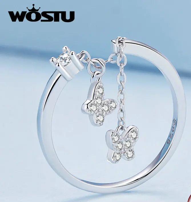 Silver Plated Butterfly Link Ring - Delicate Zircon Adjustable Jewelry Gift