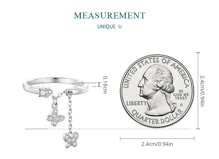 Silver Plated Butterfly Link Ring - Delicate Zircon Adjustable Jewelry Gift