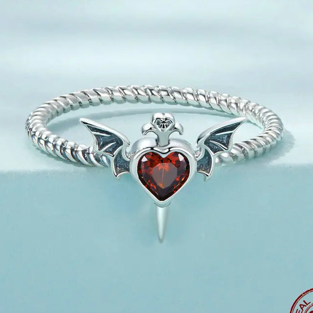 WOSTU Silver Plated Bat Wings Ring - Gothic Black Heart CZ Braided Jewelry Gift