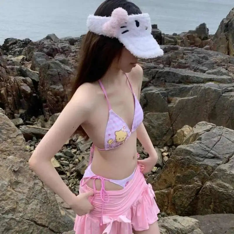 Miniso Hello Kitty Bikini Set Pink Kawaii Lace-Up Halter Striped Y2K Swimsuit