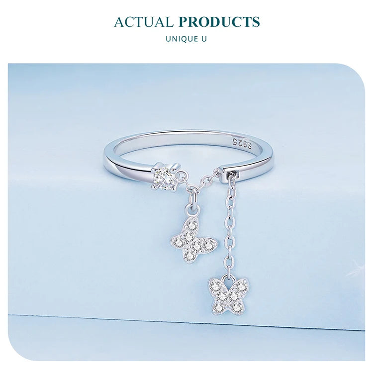 Silver Plated Butterfly Link Ring - Delicate Zircon Adjustable Jewelry Gift