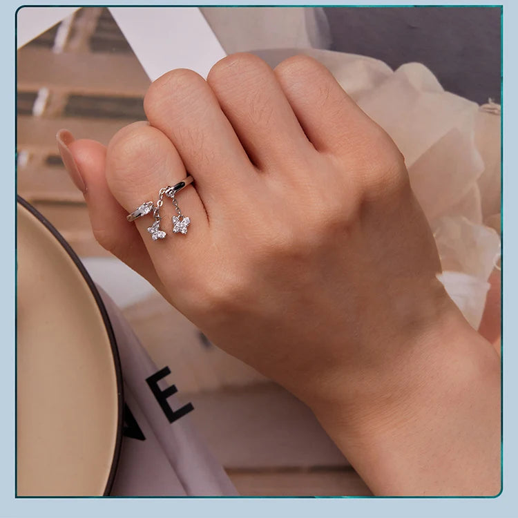 Silver Plated Butterfly Link Ring - Delicate Zircon Adjustable Jewelry Gift