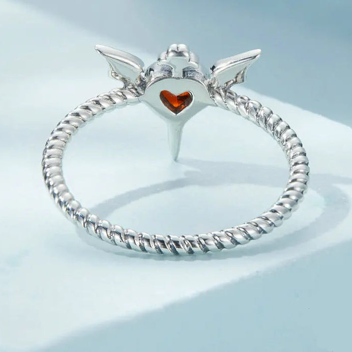 WOSTU Silver Plated Bat Wings Ring - Gothic Black Heart CZ Braided Jewelry Gift