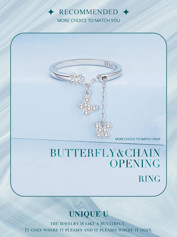 Silver Plated Butterfly Link Ring - Delicate Zircon Adjustable Jewelry Gift