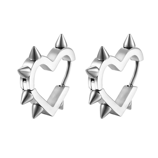Hip-Hop Rivet Heart Hoop Earrings - Stainless Steel Punk Rock Geometric Studs