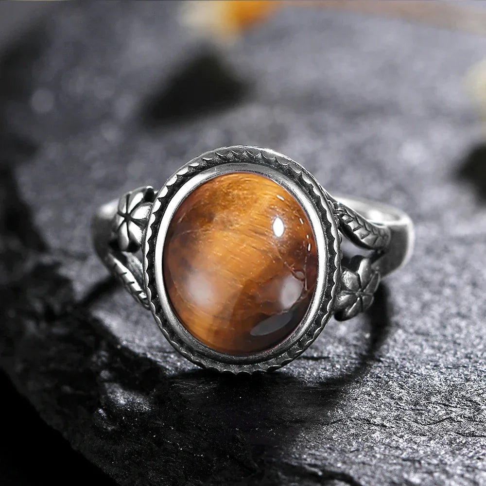 Vintage Silver Ring - Natural Moonstone & Tiger's Eye Personalized Jewelry Gift
