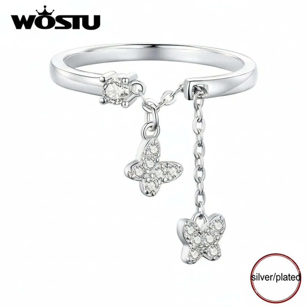 Silver Plated Butterfly Link Ring - Delicate Zircon Adjustable Jewelry Gift