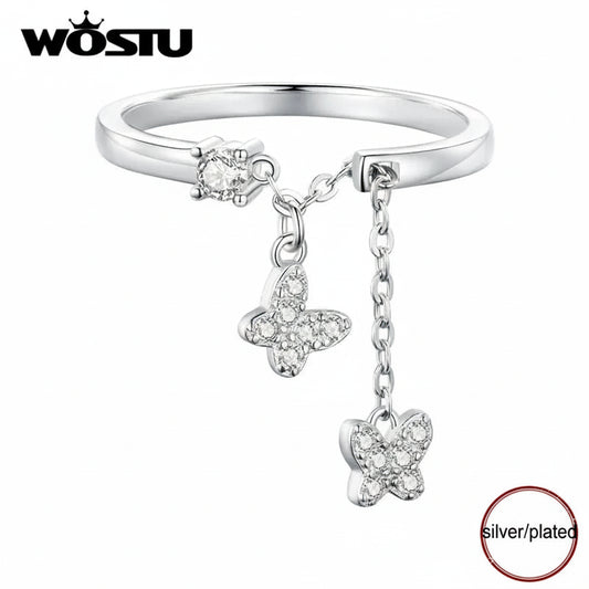 Silver Plated Butterfly Link Ring - Delicate Zircon Adjustable Jewelry Gift
