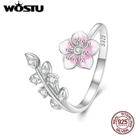 925 Sterling Silver Romantic Pink Cherry Blossom Open Rings For Women Lovely Flower Ring For Lover Family Gift R438