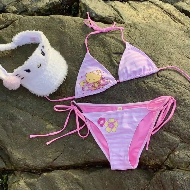 Miniso Hello Kitty Bikini Set Pink Kawaii Lace-Up Halter Striped Y2K Swimsuit