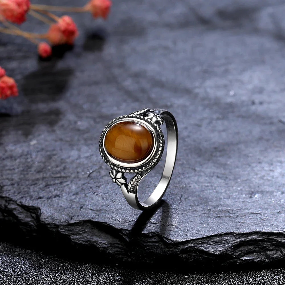 Vintage Silver Ring - Natural Moonstone & Tiger's Eye Personalized Jewelry Gift