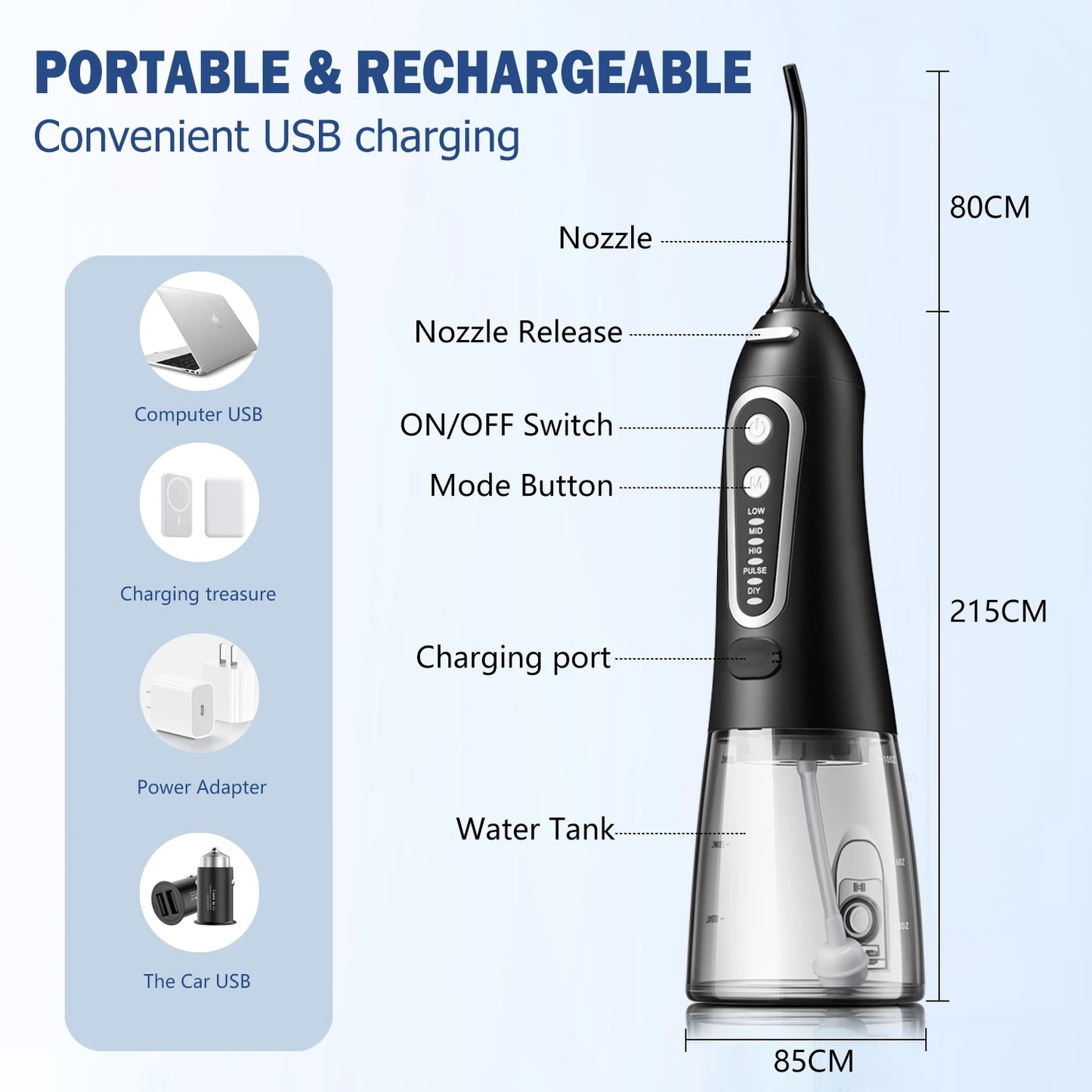 Portable USB Rechargeable Water Flosser for Superior Dental Cleaning with 300ML Tank