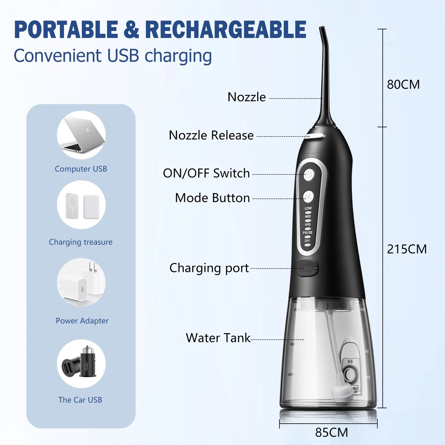 Portable USB Rechargeable Water Flosser for Superior Dental Cleaning with 300ML Tank