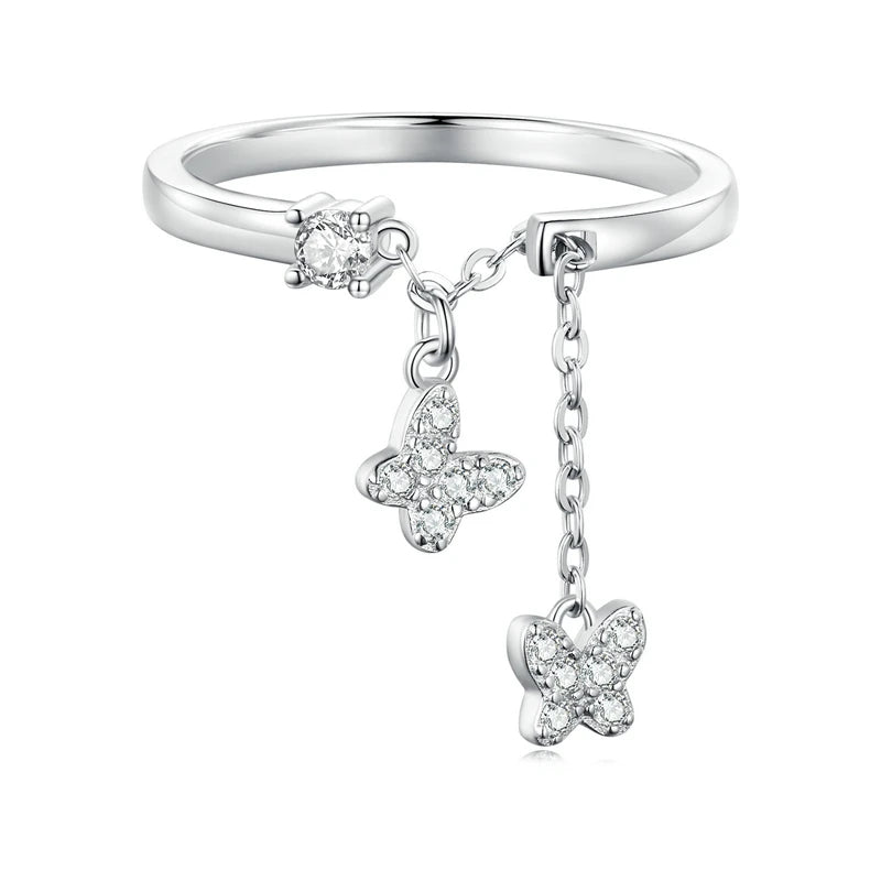 Silver Plated Butterfly Link Ring - Delicate Zircon Adjustable Jewelry Gift