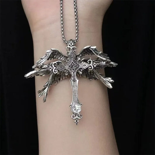 Retro Gothic Jesus Wings Cross Pendant Necklace - Vintage Dark Punk Religious Amulet