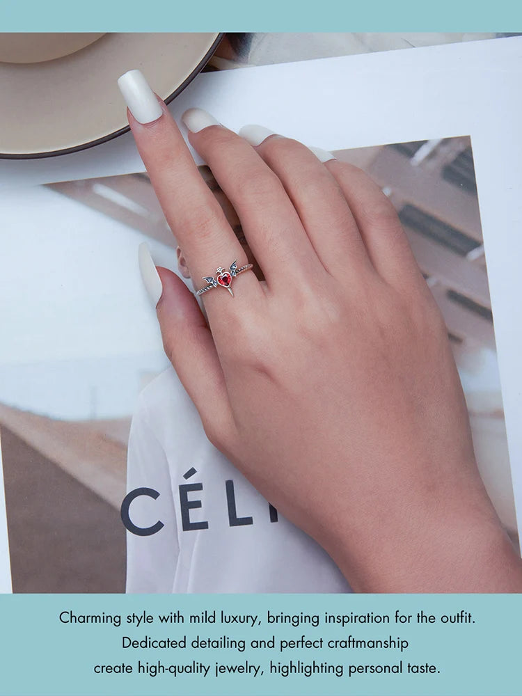 WOSTU Silver Plated Bat Wings Ring - Gothic Black Heart CZ Braided Jewelry Gift